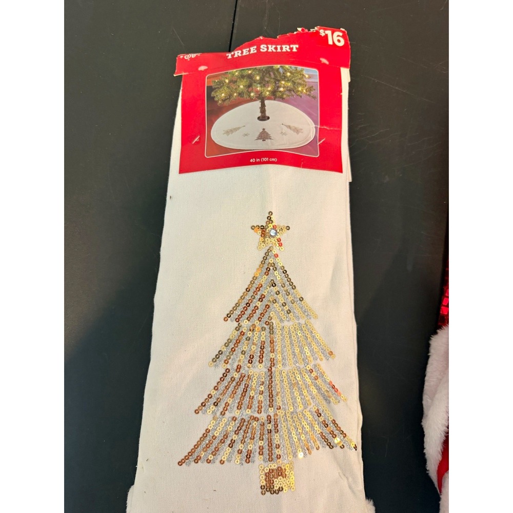 Christmas Tree Skirt 40 in White Fabric Round with Gold Sequin Tree Design